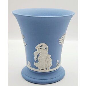 Wedgwood Blue Jasperware Trumpet Vase Cup White Muse Goddess Design 4 Inches